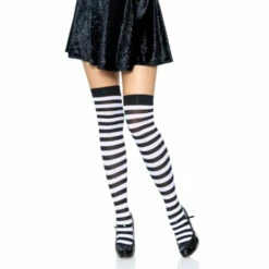 LEG AVENUE Black & White Stripe Thigh Highs