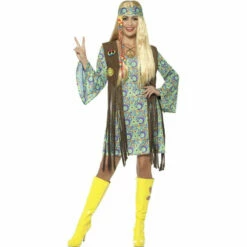 Smiffys 60s Green Hippie Ladies Costume With Fringed Vest