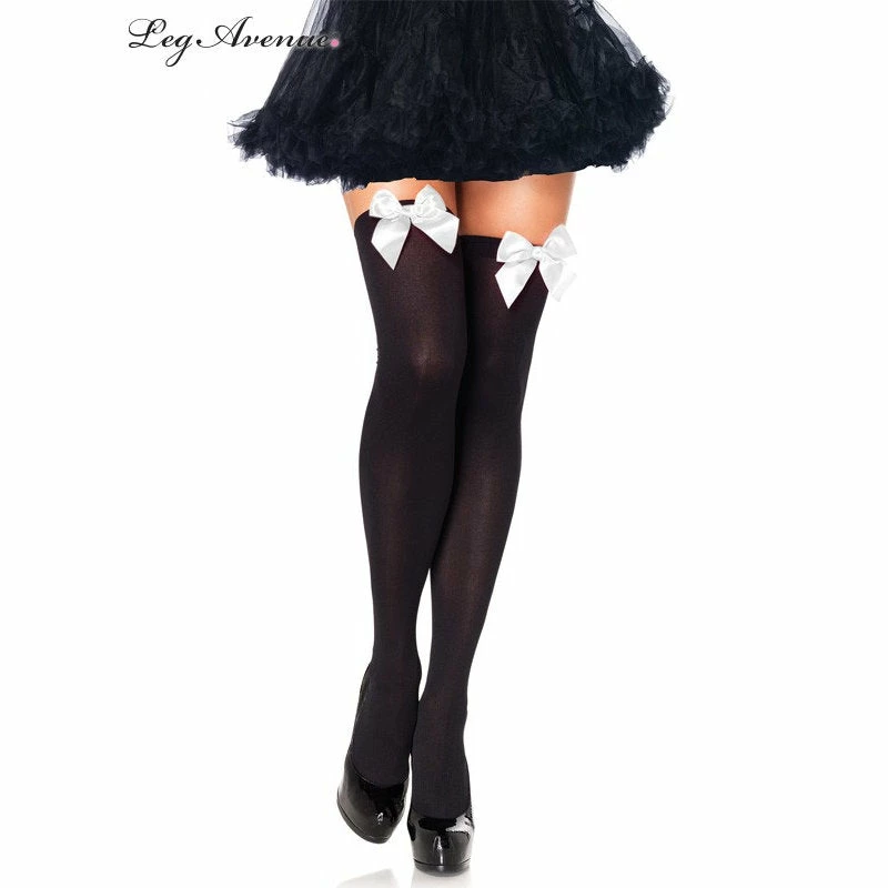 LEG AVENUE Black Thigh Highs With White Bow 3 LEG AVENUE Black Thigh Highs With White Bow