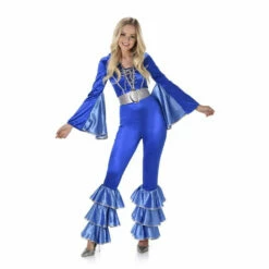70s Blue Disco Jumpsuit With Silver Trim - Karnival
