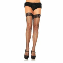 LEG AVENUE Black Queen Size Stay Up Lycra Fishnet With Lace Top Thigh High