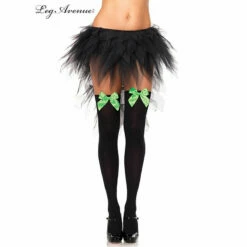 LEG AVENUE Black Thigh Highs With Neon Green Bows
