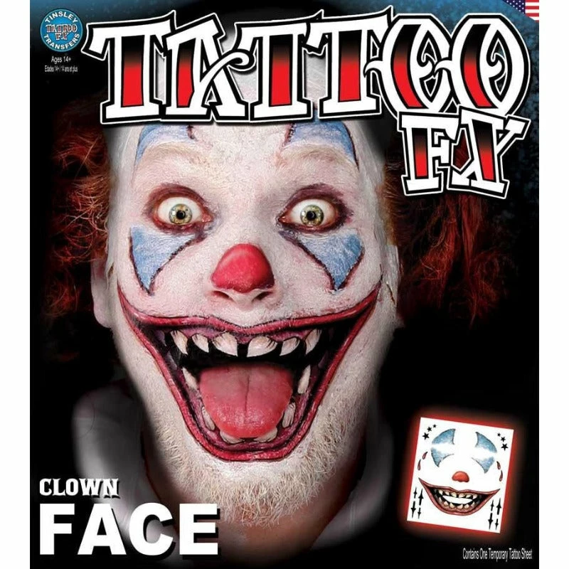 Tinsley FX Full Face Temp Tattoo - Clown Face 3 Tinsley FX Full Face Temp Tattoo - Clown Face