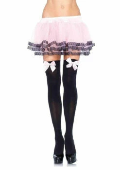 LEG AVENUE Black Thigh Highs With Pale Pink Bow