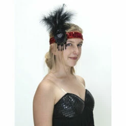 Flapper Headband Red/Blk Feather/Flower Headband